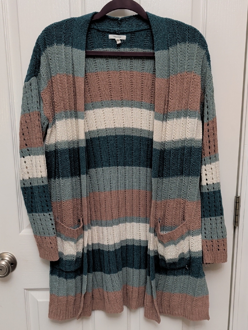 Maurices Teal Tan White Striped Long Cardigan Sweater Boho Medium W/ Pockets